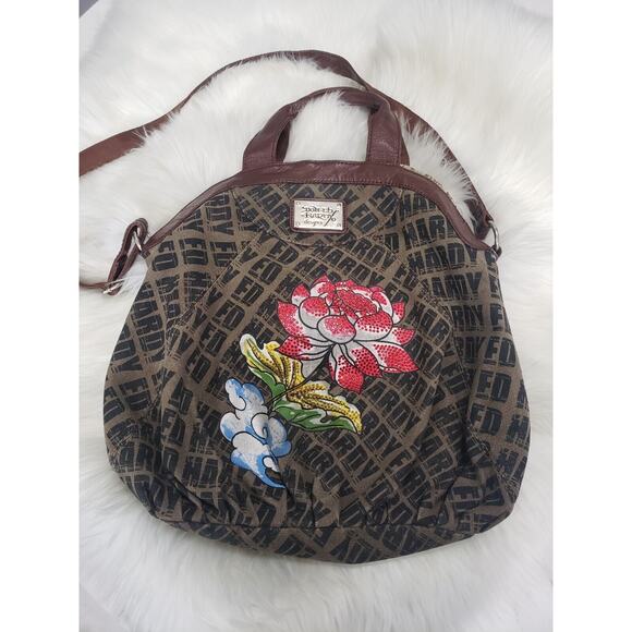 Ed‎ Hardy Handbag Purse Rhinestone Flower Beaded Gem Large Boho Y2k Shoulder Vtg - Picture 1 of 7